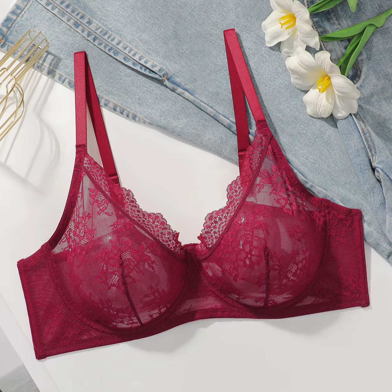 Reggiseno in pizzo rosso trasp - Sheer Bra Lace recensione e prezzo